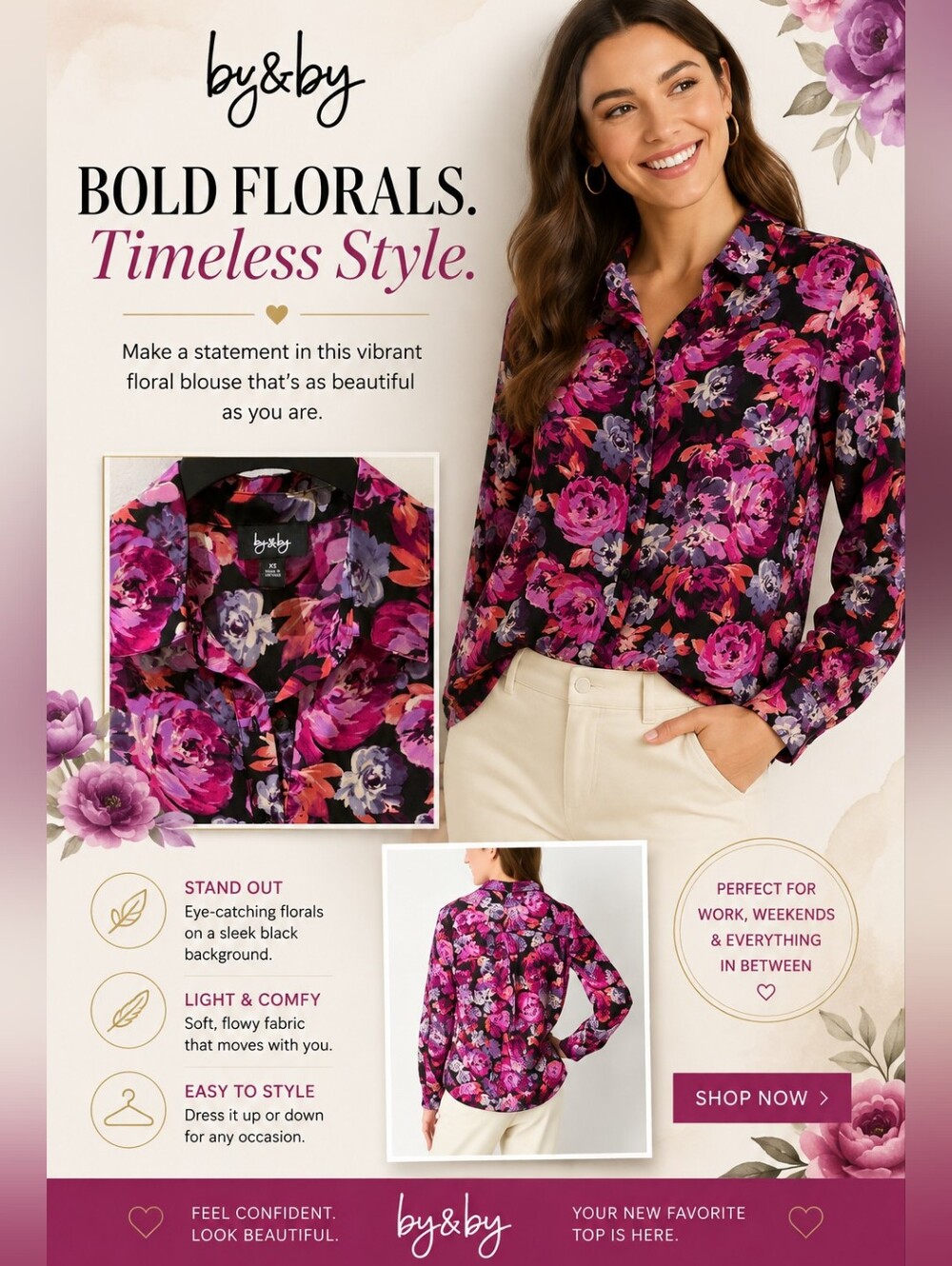by & by Women's Purple Floral Button-Up Shirt